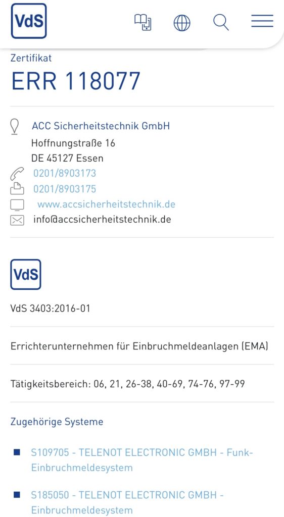 VdS Errichter-Zertifikat für ACC Sicherheitstechnik mit Telenot